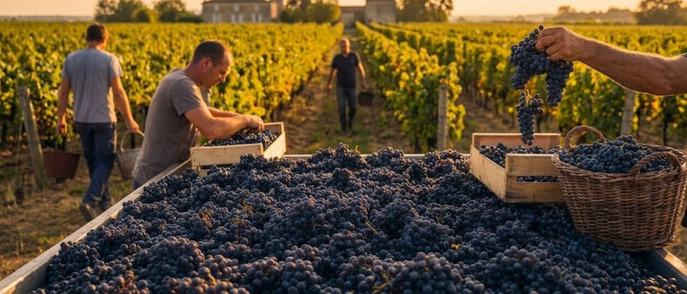Grappe de raisin noir du cépage merlot sur un cep avant les vendanges