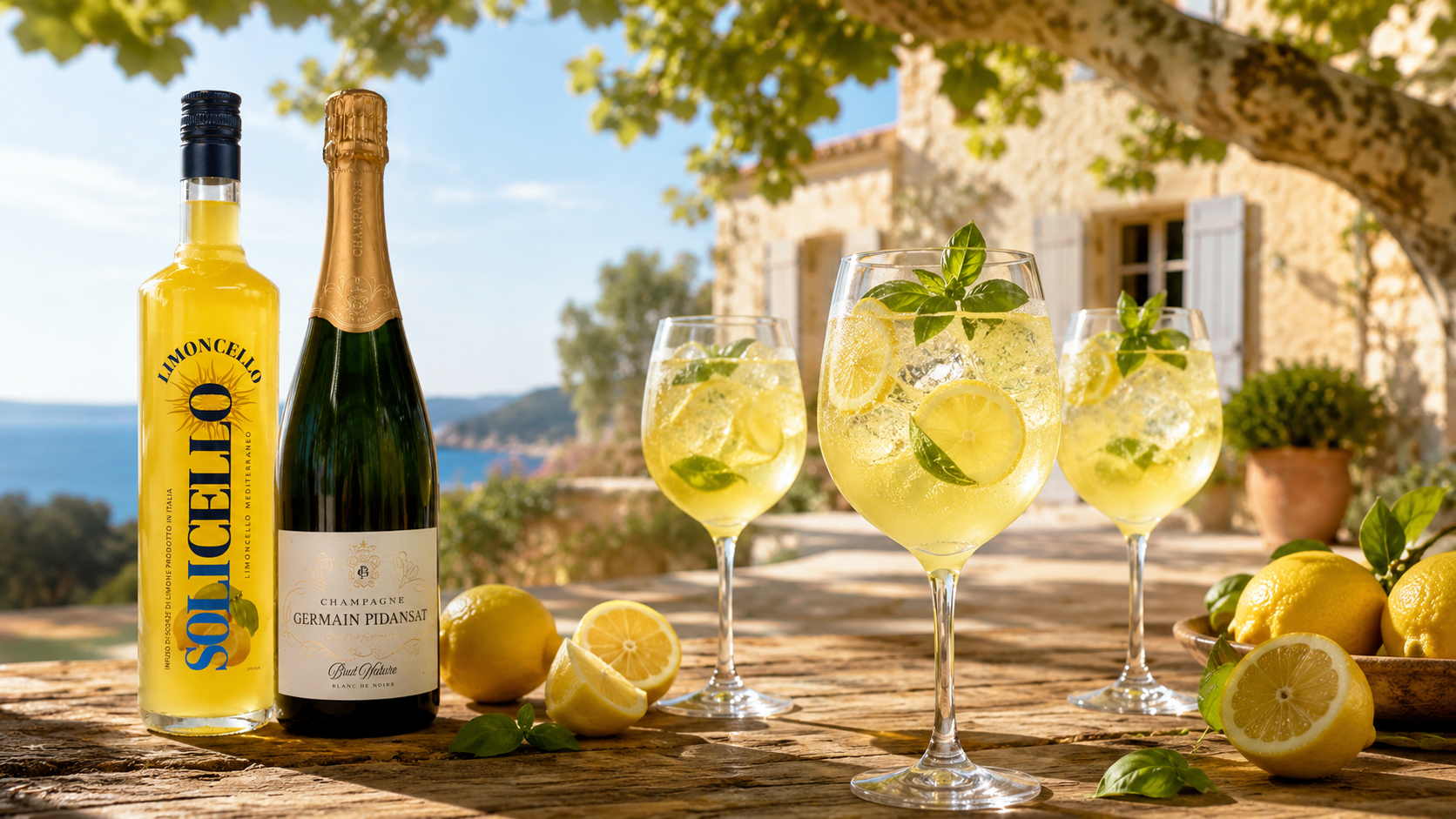 Spritz limoncello servi dans un grand verre avec glaçons et rondelle de citron jaune