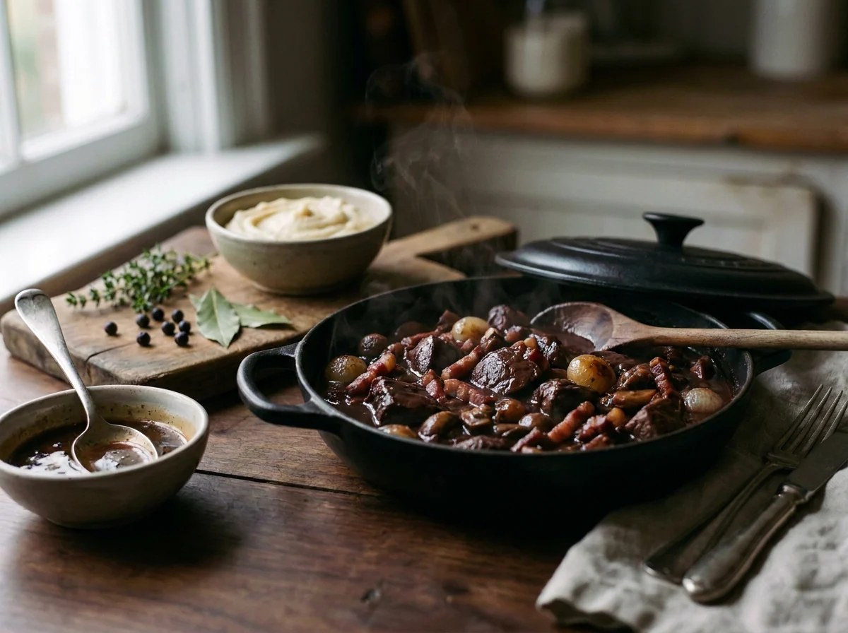 Civet de chevreuil mijoté en cocotte avec sauce au vin rouge