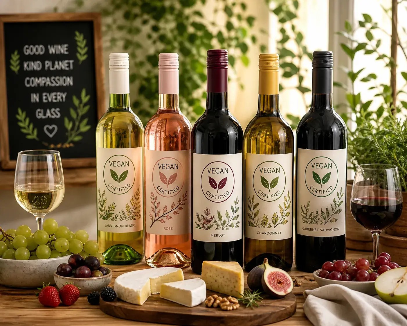 Bouteille de vin vegan avec raisins et verre de dégustation