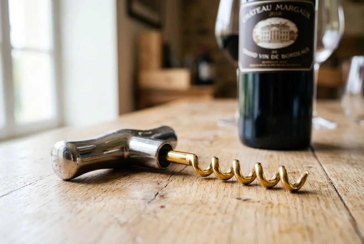 Ouvre-bouteille tire-bouchon posé près d'une bouteille de vin