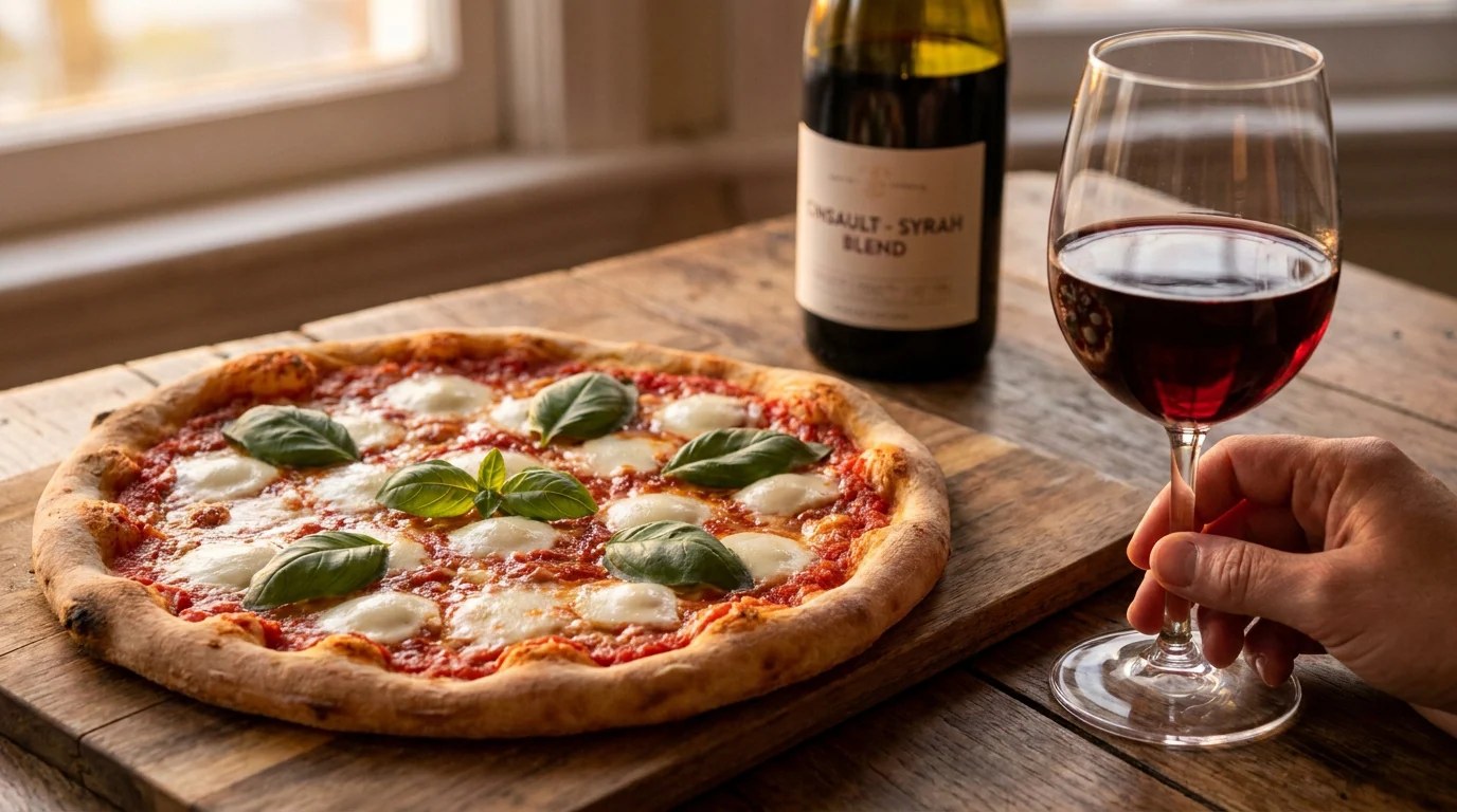 Pizza Margherita servie avec un verre de vin rouge sur une table