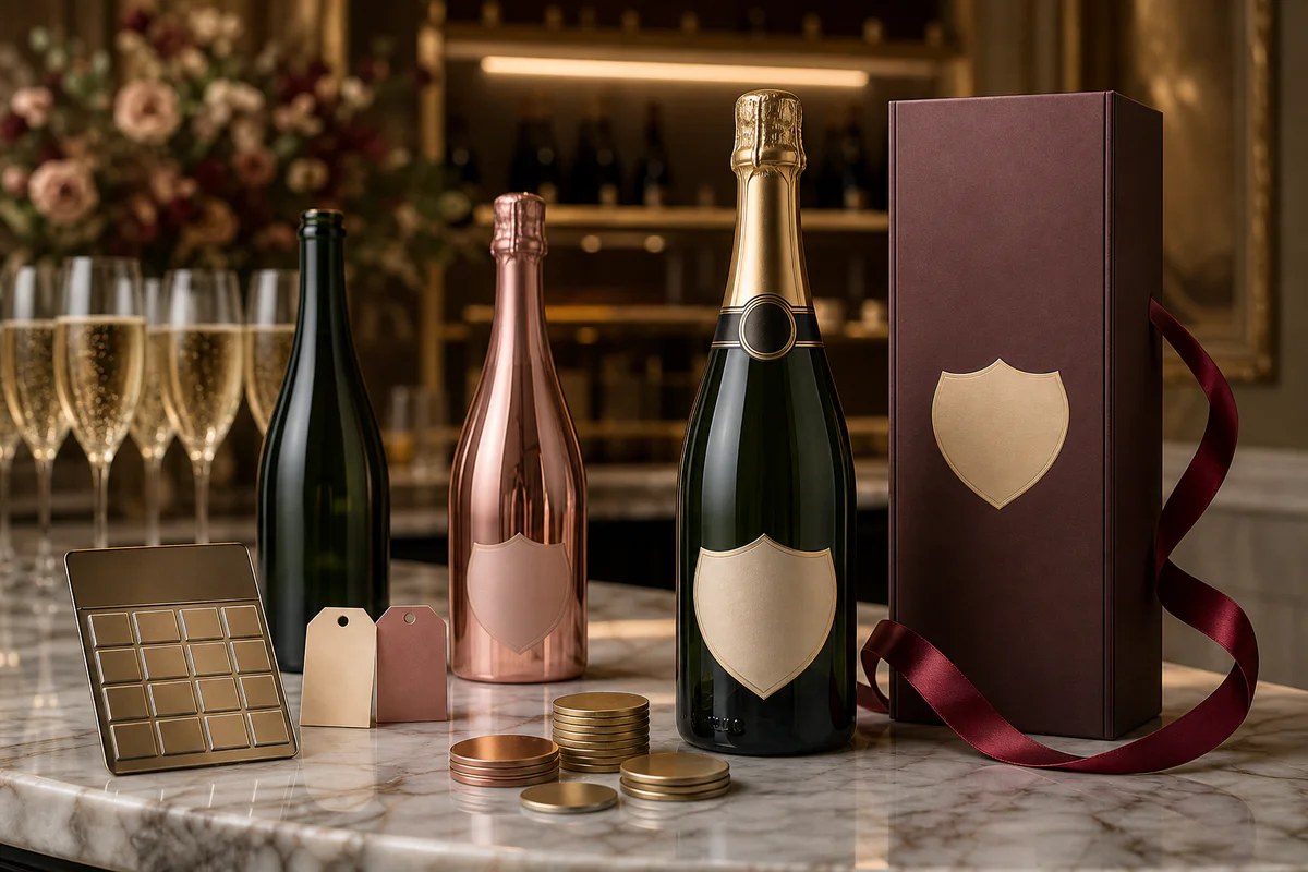 Bouteille de champagne de 75 cl posée à côté d'une flûte sur une table